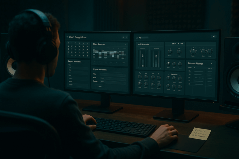 Producer met koptelefoon bij bureau, twee schermen en muzieksoftware; muziek produceren met ai; Cradite & Soroutes & Scurats.