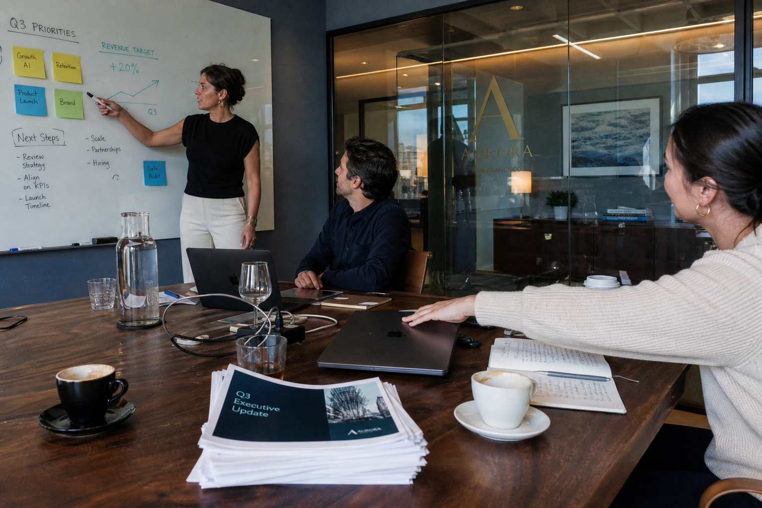 Team meeting in a glass-walled office as a presenter points to a whiteboard with Q3 priorities and revenue goals.