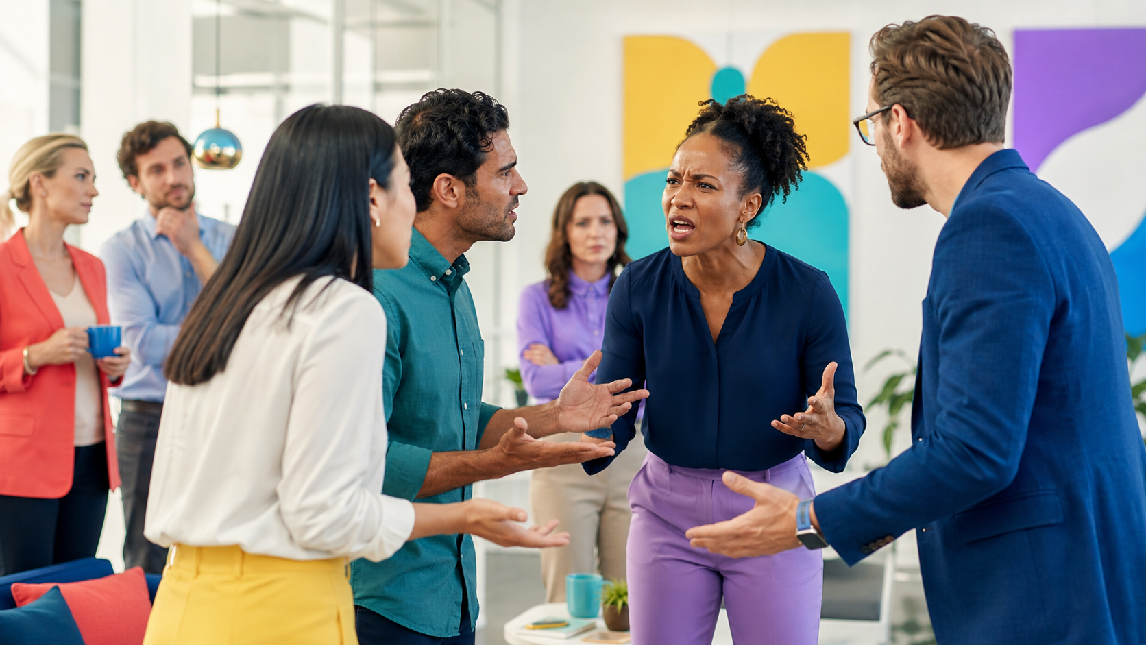 Diverse groep collega's in een verhitte discussie op kantoor, met een vrouw in een donkerblauwe blouse die expressief gebaart