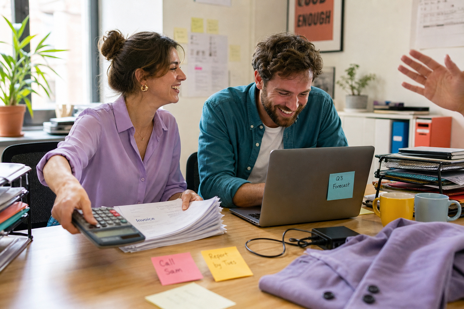 Twee collega’s lachen samen aan een bureau met laptop, facturen en rekenmachine op kantoor.