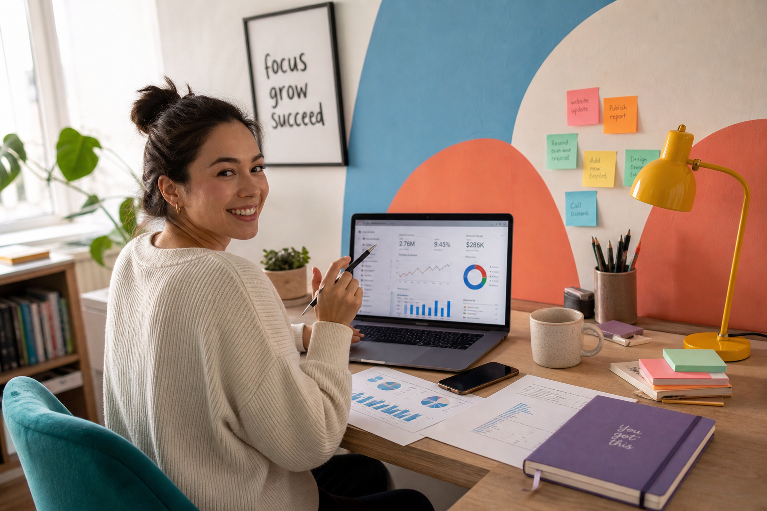 Vrouw werkt glimlachend aan een bureau met laptop, grafieken, notities en kleurrijke post-its aan de muur.