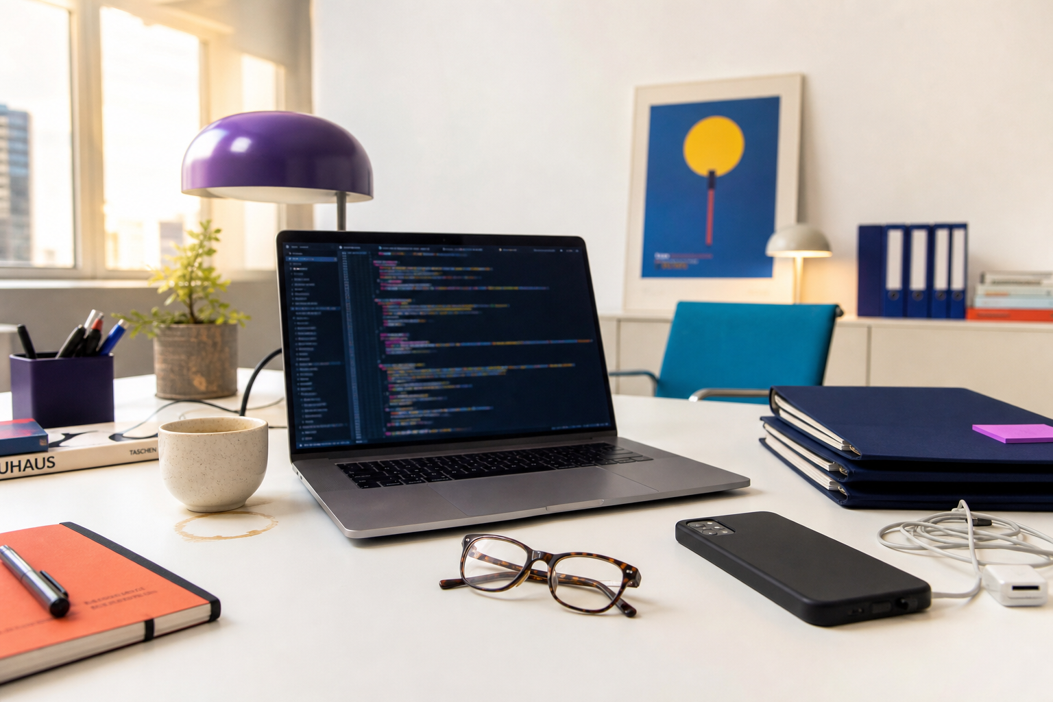 Laptop met code op een opgeruimd bureau, met bril, koffiekop, telefoon en bureaulamp in een lichte werkruimte.