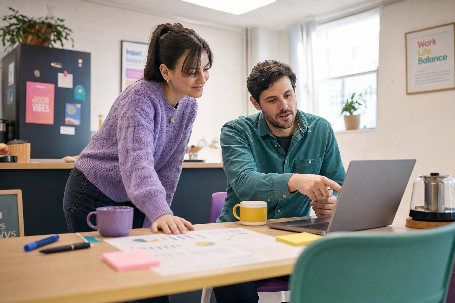 Twee collega's bekijken samen een laptop aan een tafel met papieren, mokken en notities in een lichte kantoorruimte.