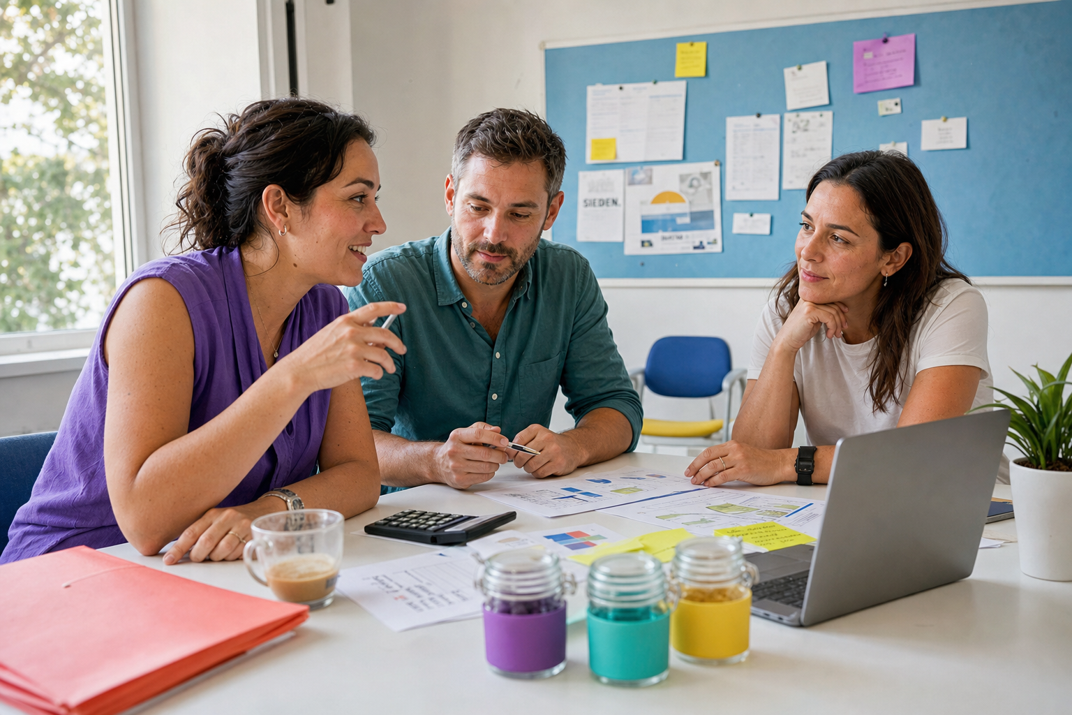 Drie collega’s overleggen aan een bureau met laptop, documenten en notities in een kantoorruimte.
