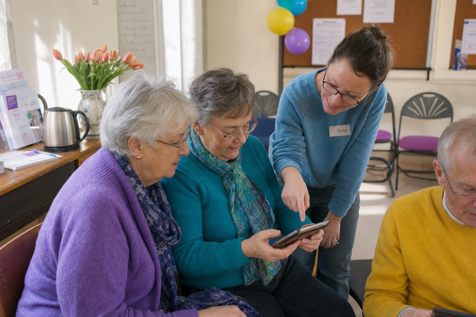 Begeleidster helpt twee oudere vrouwen met een smartphone in een buurtruimte.