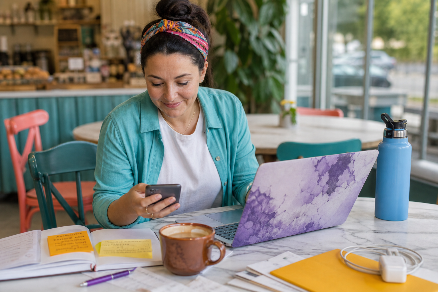 Vrouw met kleurrijke hoofdband kijkt naar haar telefoon aan een tafel met laptop, notities, koffiekop en waterfles in een café.