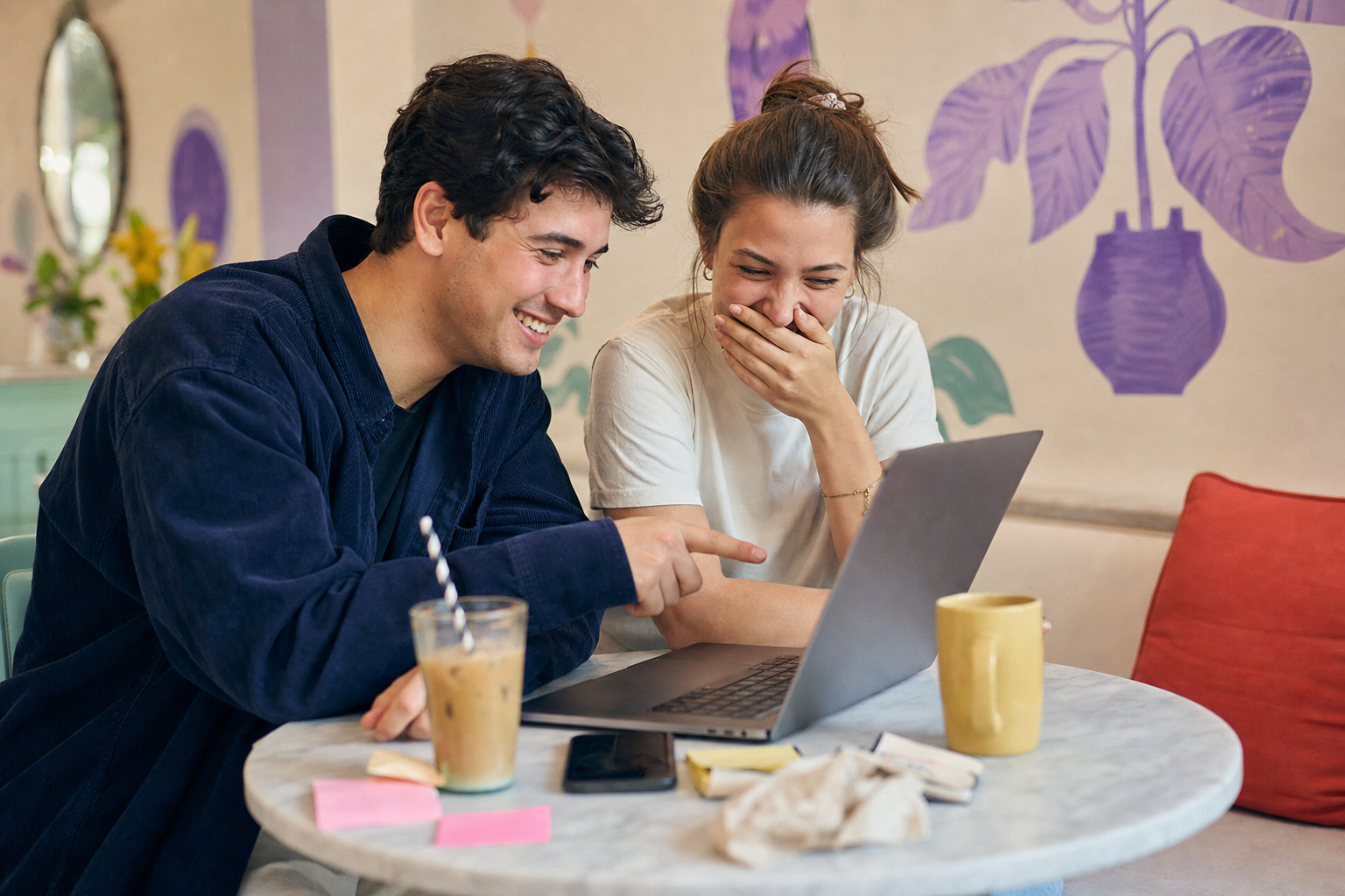 Twee jonge volwassenen lachen samen terwijl ze naar een laptop kijken aan een tafeltje in een café.