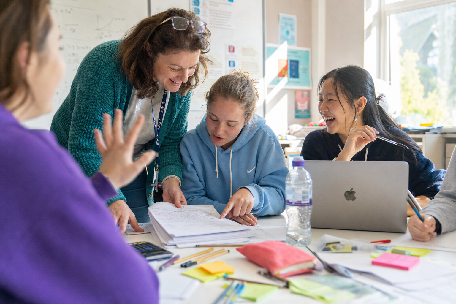 Docent helpt leerlingen aan tafel met schoolwerk in een zonnig klaslokaal.