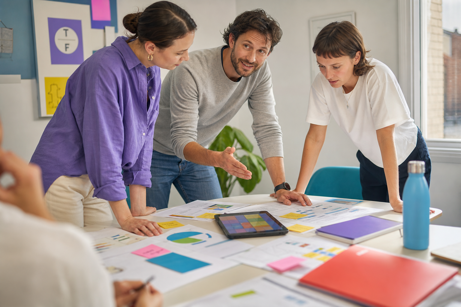Drie collega's overleggen staand rond een tafel met grafieken, notities en een tablet op kantoor.