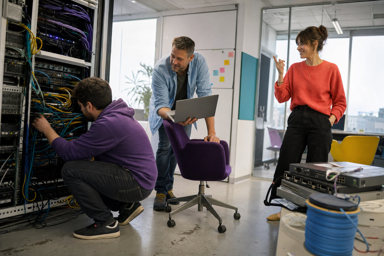 Drie IT-medewerkers werken samen bij een serverrack in een modern kantoor.