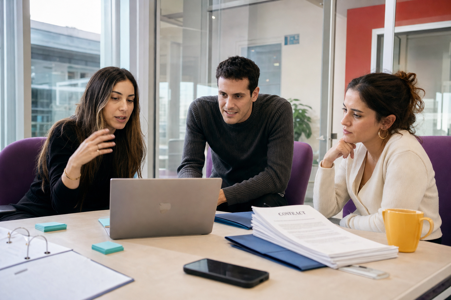 Drie collega’s overleggen aan tafel rond een laptop in een modern kantoor.