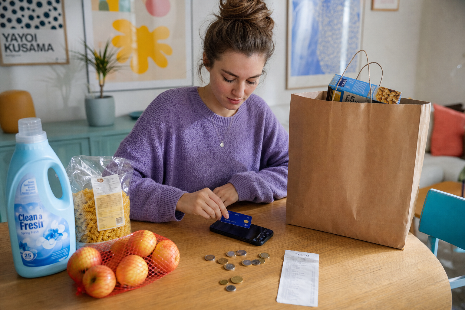 Vrouw in paarse trui bekijkt bankpas en wisselgeld aan tafel met boodschappen en papieren tas.