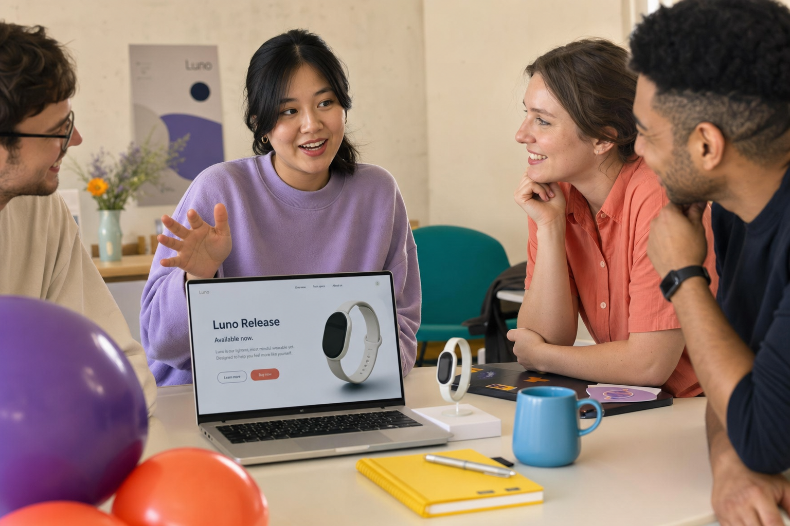 Vier collega’s bespreken een wearable-productpresentatie rond een laptop aan een vergadertafel.