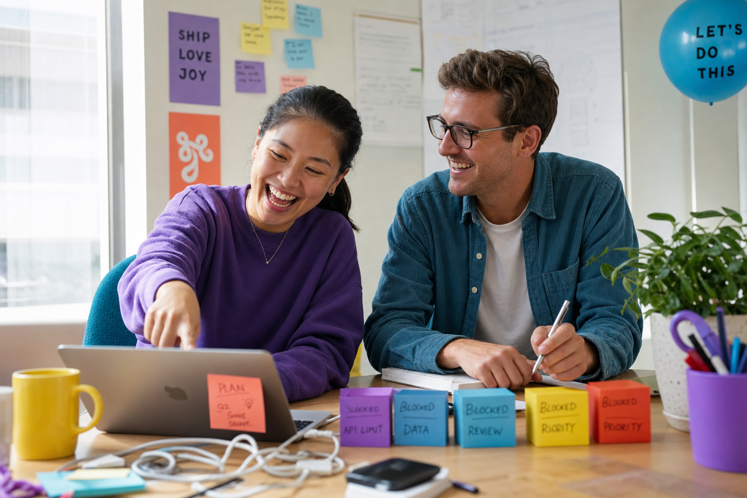 Twee collega’s lachen en overleggen aan een bureau met laptop, notities, sticky notes en kleurrijke kantooritems.