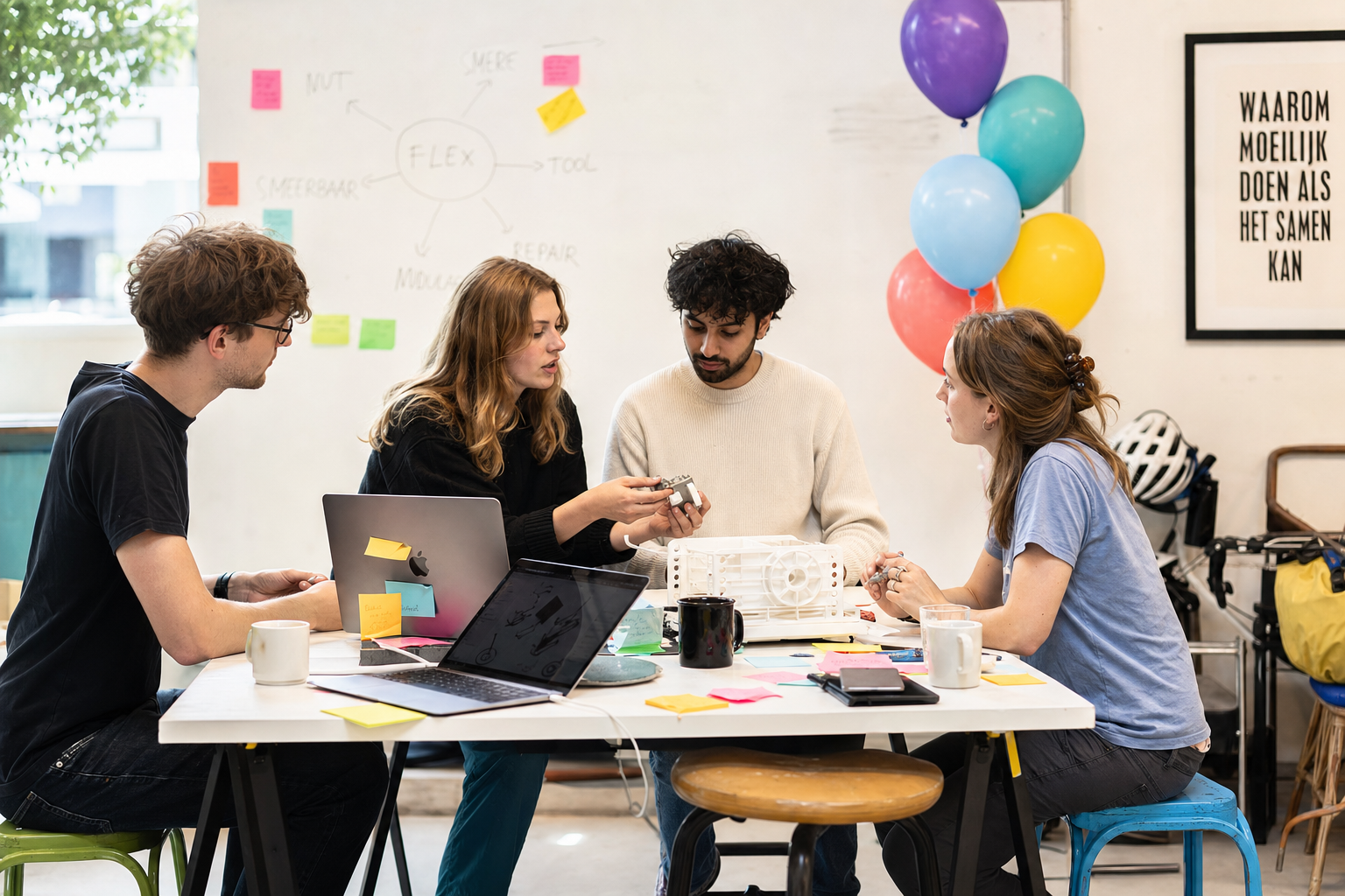 Vier mensen overleggen aan een tafel met laptops, notities en een prototype in een creatieve werkruimte.