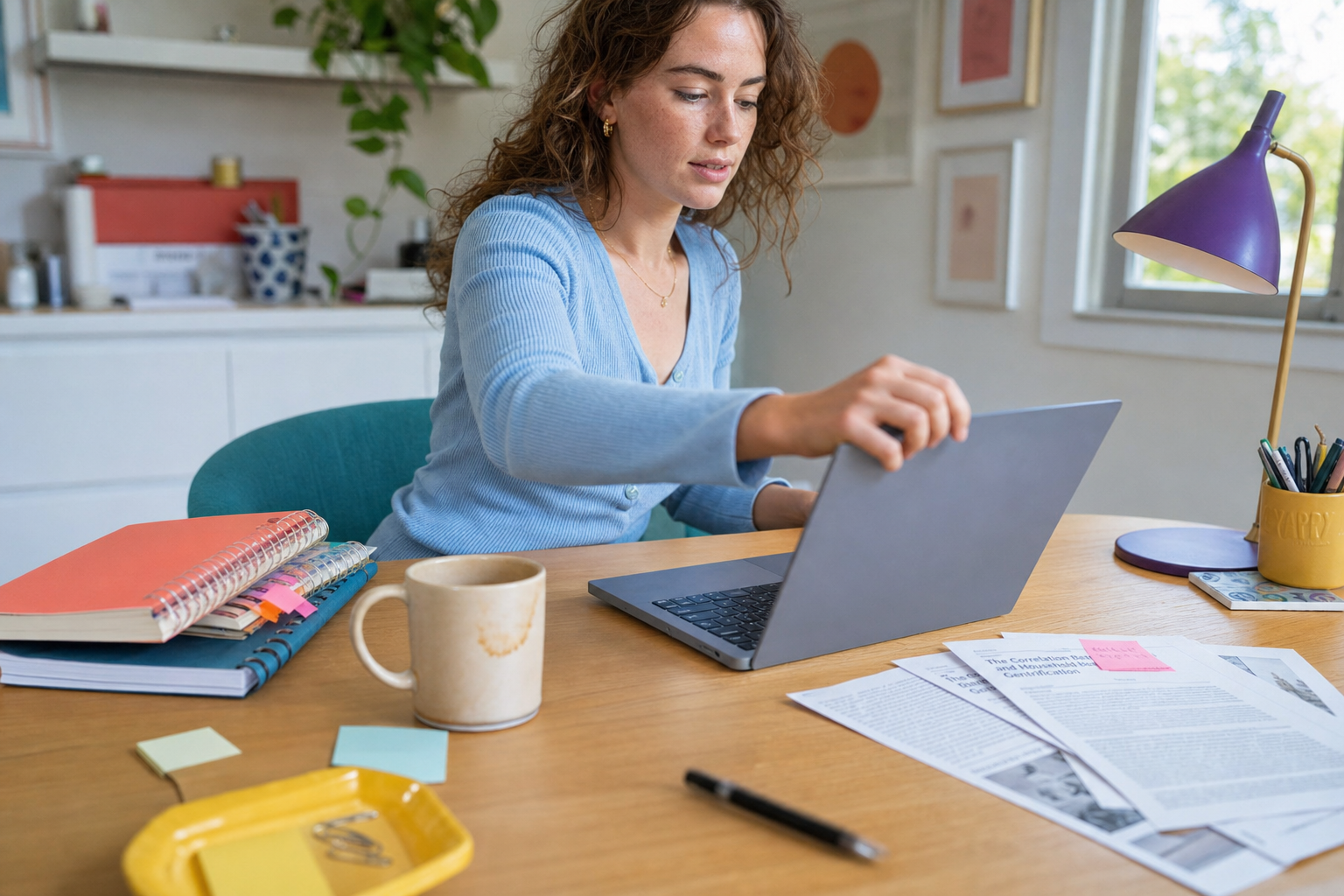 Vrouw zit aan een bureau en opent een laptop, met notitieboeken, mok en papieren om zich heen.