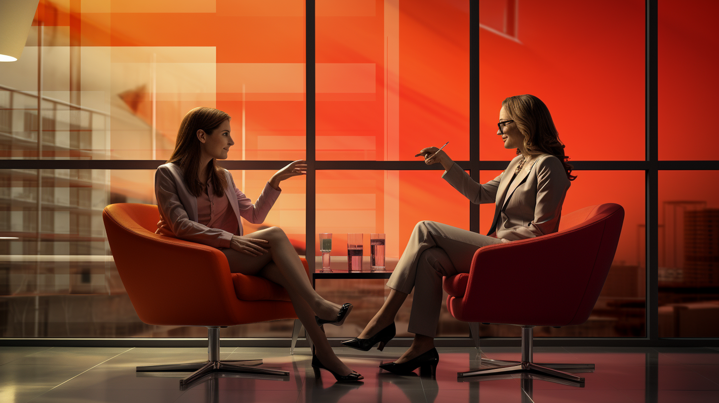 Twee professionele vrouwen in zakelijke kleding voeren een gesprek zittend in moderne oranje en rode fauteuils tegen een opvallende oranje glazen achtergrond