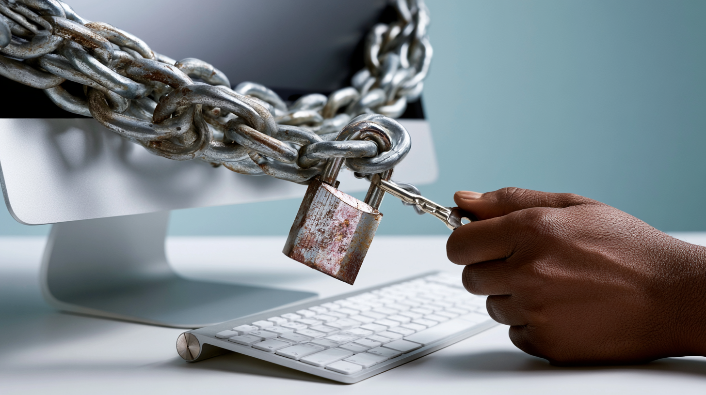 Hand die een sleutel in een roestig hangslot steekt dat een zware ketting rond een computermonitor vergrendelt, met wit toetsenbord op bureau
