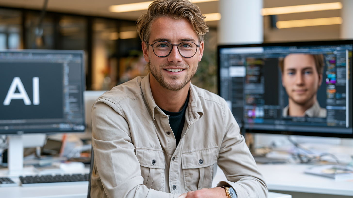 Jonge man met bril glimlacht in een modern kantoor, met AI-schermen op de achtergrond.