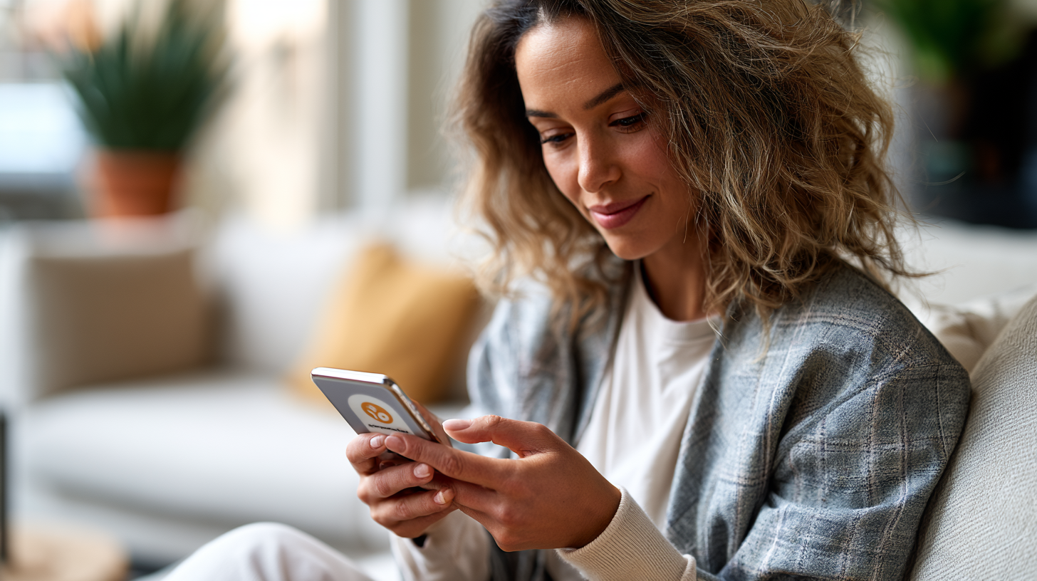 Glimlachende vrouw met krullend haar zit op een bank en gebruikt haar smartphone met een oranje app-icoon op het scherm