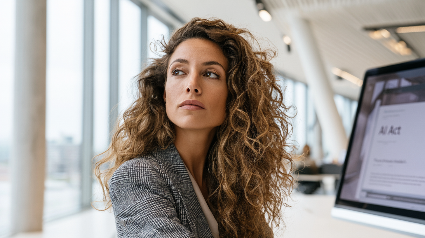 Vrouw met krullend haar in een modern kantoor, zittend naast een computerscherm en kijkend opzij