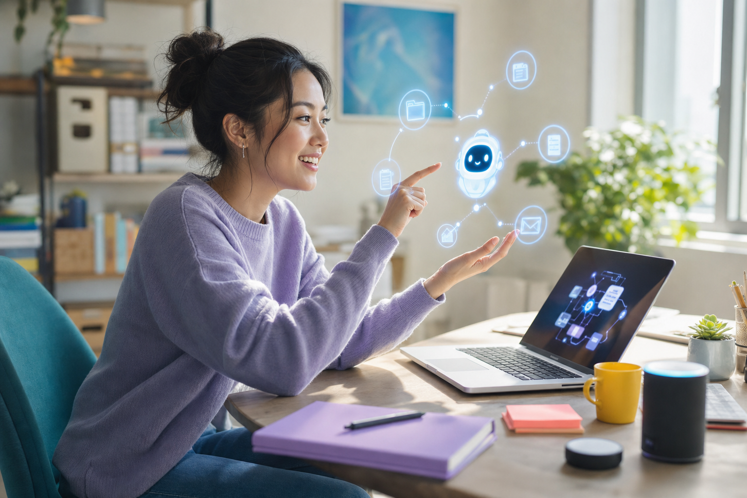 Vrouw aan bureau gebruikt laptop en communiceert met virtuele AI-assistent met zwevende pictogrammen in een lichte werkruimte