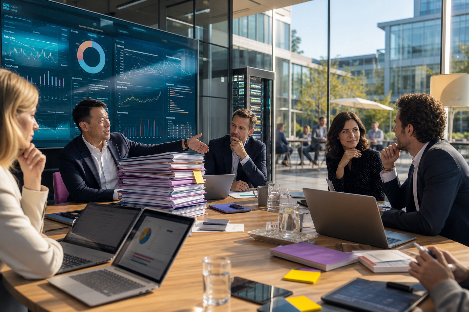 Zakelijke vergadering in modern kantoor met team rond tafel, laptops, dossiers en groot scherm met grafieken.
