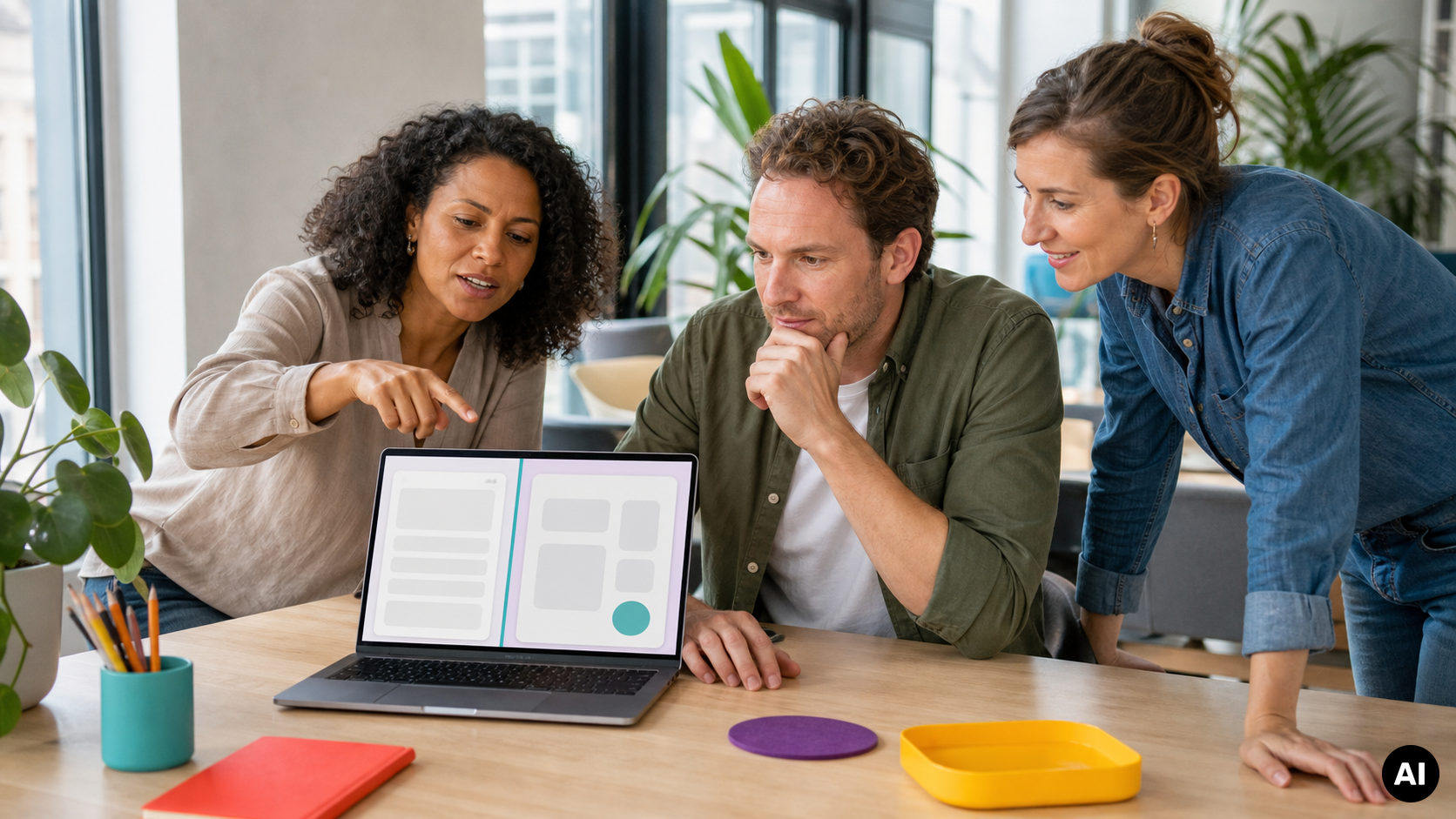 Drie collega’s bekijken een laptop met een schematische AI-interface in een kantoor.