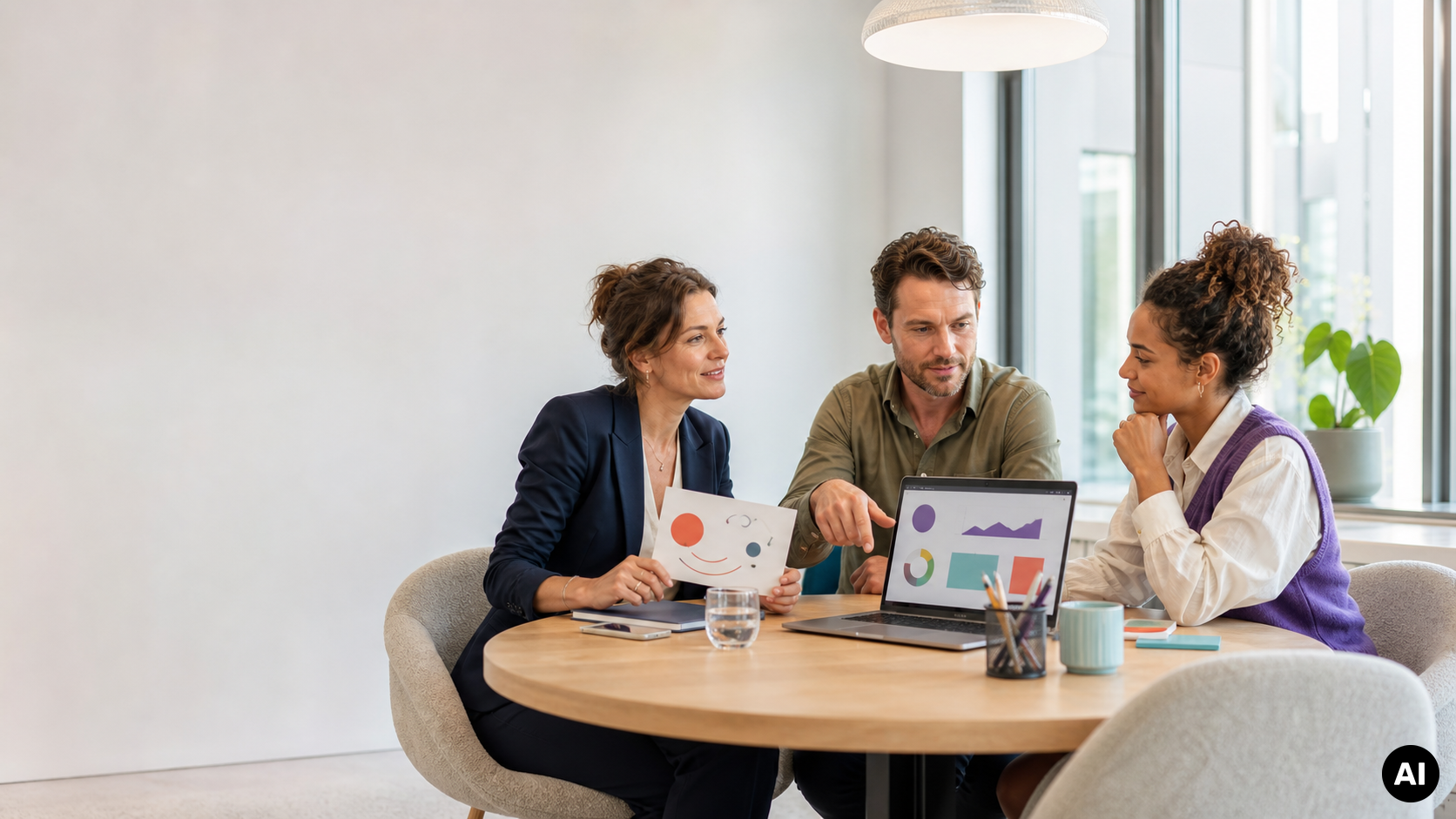 Drie collega's bespreken grafieken op een laptop en een vel papier aan een vergadertafel in een kantoor.