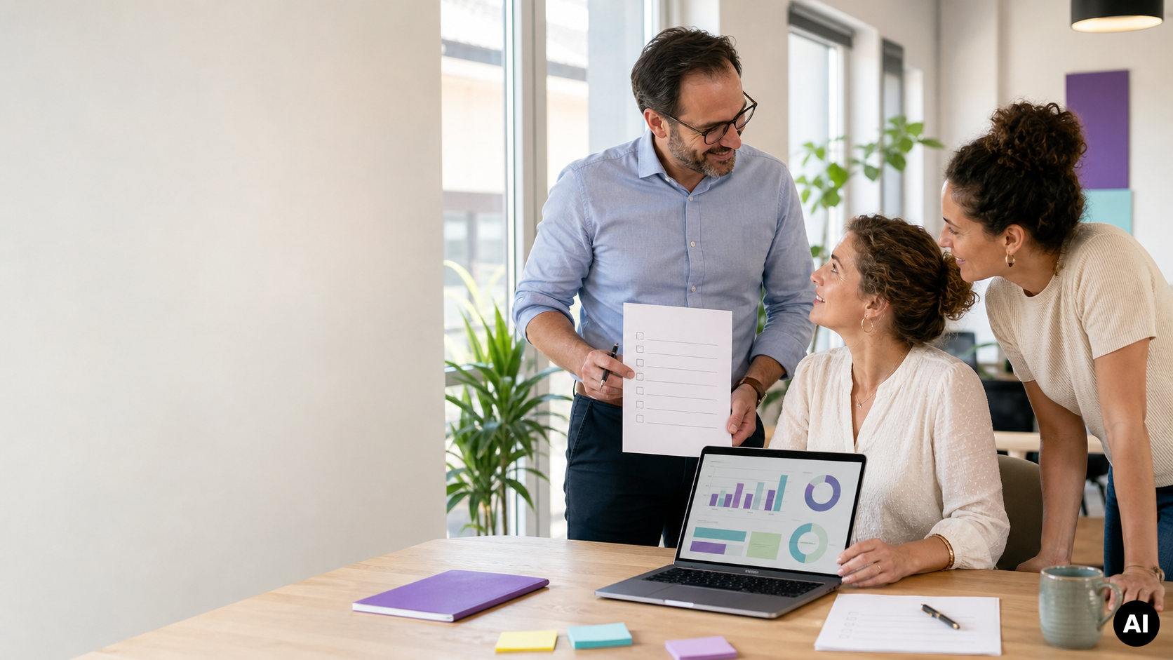 Drie collega's bespreken in een kantoor de resultaten van een AI-pilot op een laptop met grafieken en een checklist.
