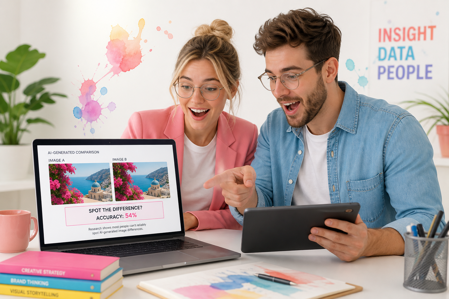 Twee collega's vergelijken AI-beelden op een laptop terwijl ze verrast naar het scherm kijken op kantoor.