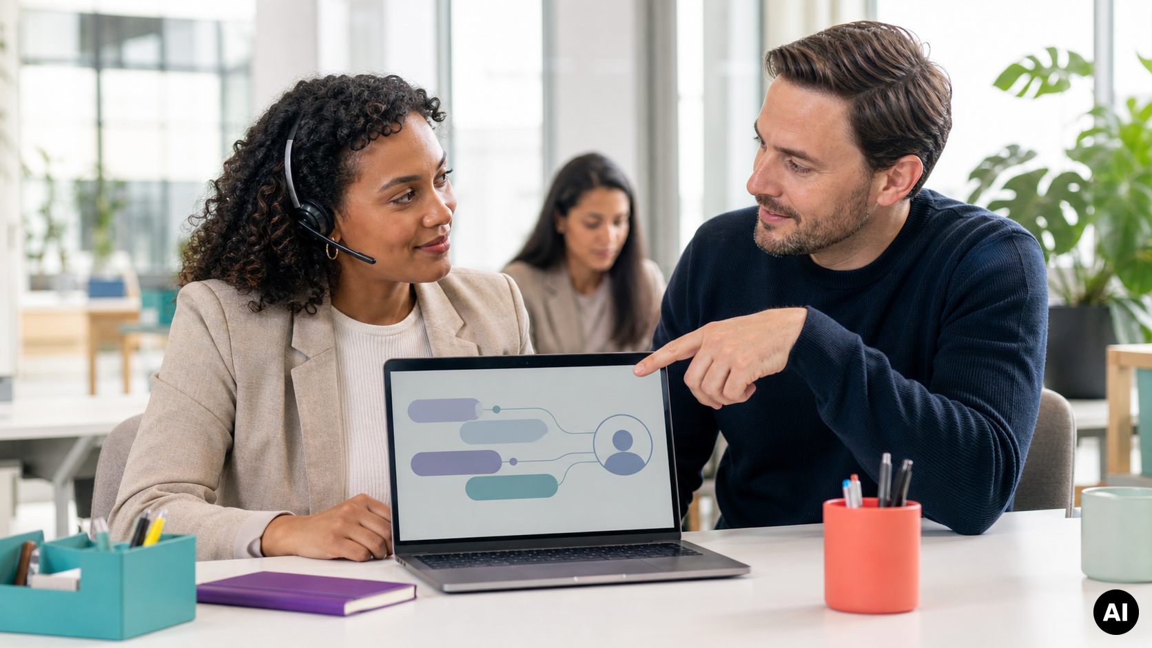 Klantenservicemedewerker met headset bespreekt samen met een collega een laptop waarop een chatgesprek staat.