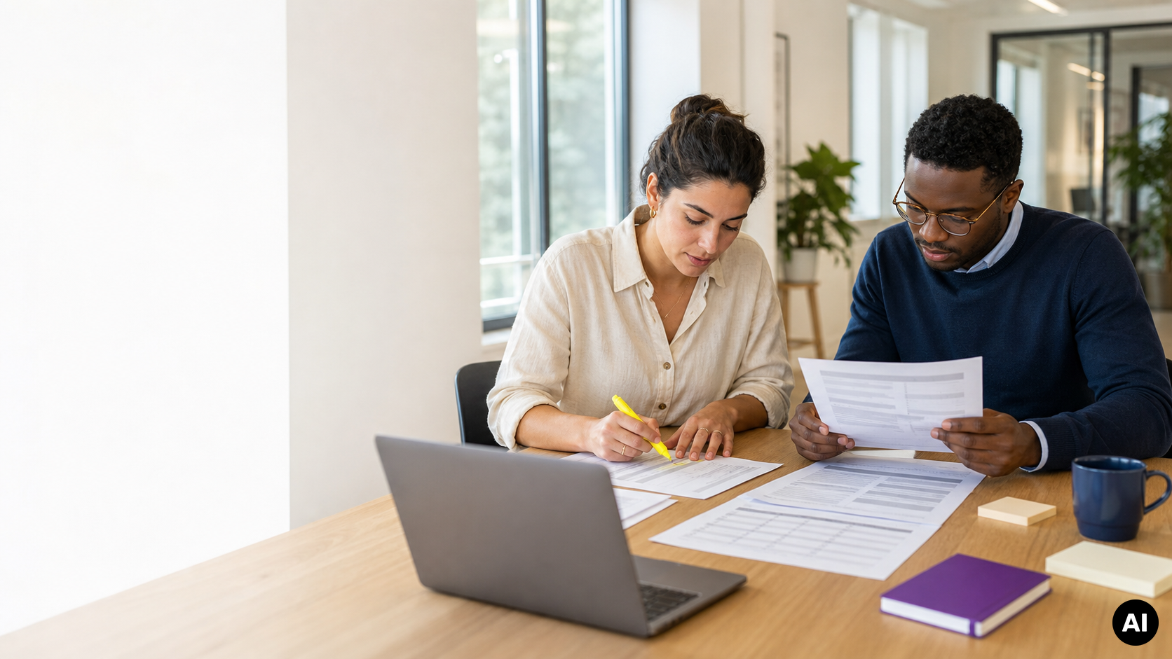 Twee inkopers vergelijken documenten aan een tafel met een laptop en markeren informatie in een offerte.