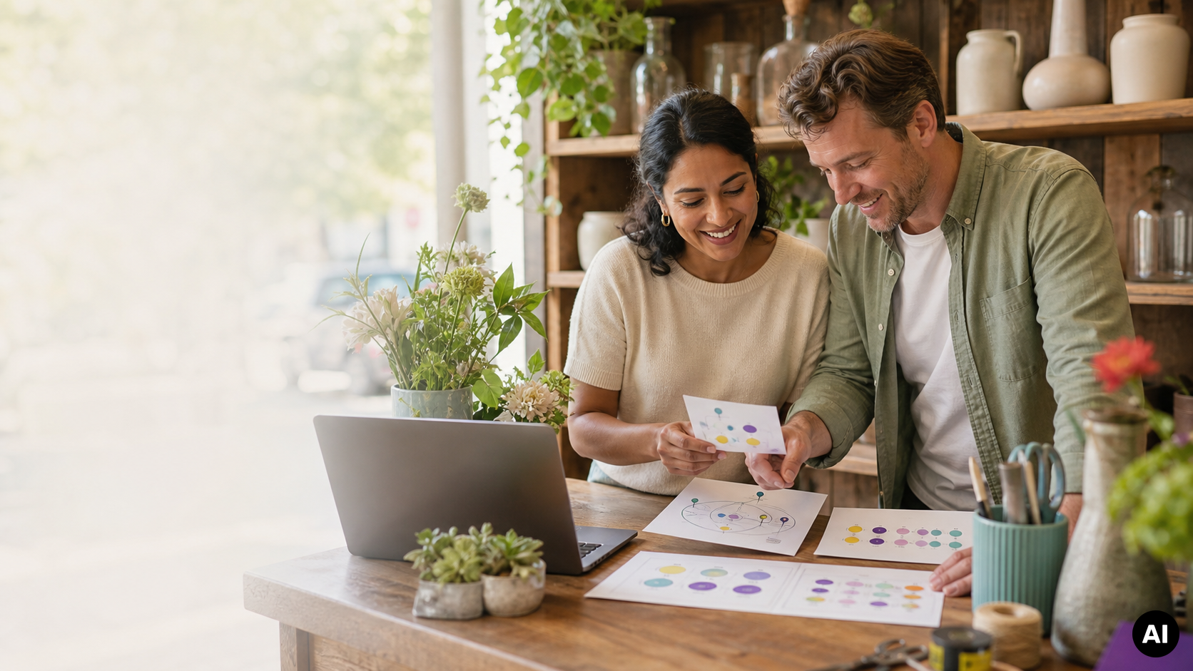 Twee ondernemers bekijken samen diagrammen en een laptop aan een houten tafel in een lichte winkel of studio.