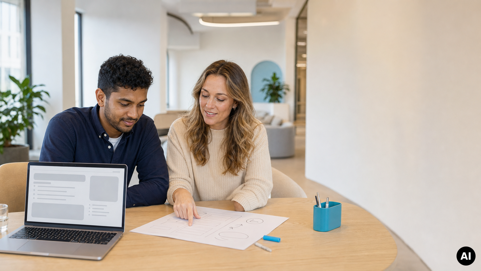 Twee collega's beoordelen een schets van een webpagina naast een laptop aan een tafel op kantoor.