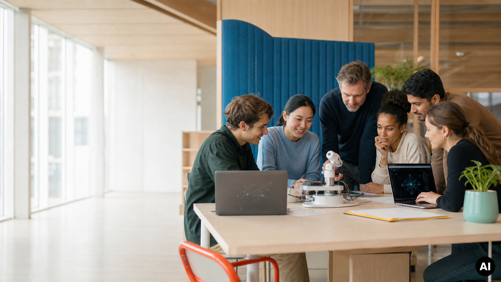 Divers team van studenten en professionals werkt samen aan een kleine robot en laptops in een moderne onderwijs- of werkomgeving.