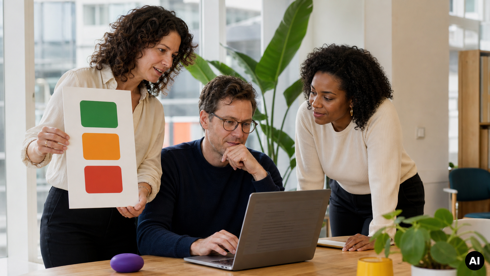 Drie collega’s beoordelen samen een laptop; een vrouw houdt een kaart met groene, oranje en rode vlakken vast.