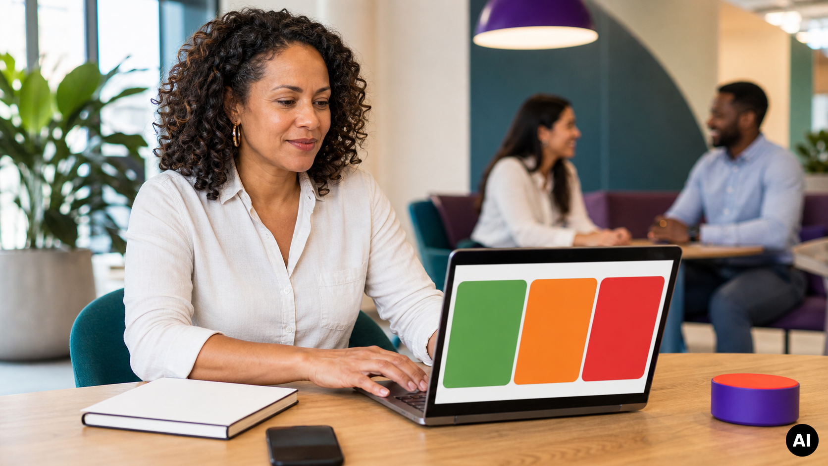 Medewerker werkt op een laptop met drie groene, oranje en rode vlakken die de Lees-Klaar-Stop-check voor veilig zakelijk gebruik van een AI-browser verbeelden.