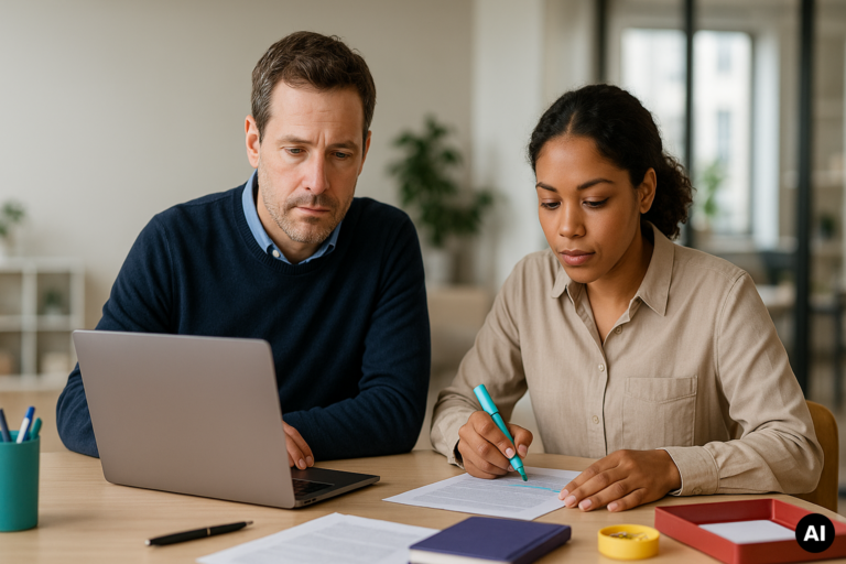 Twee collega's controleren een document naast een laptop; de vrouw markeert tekst met een turquoise stift.