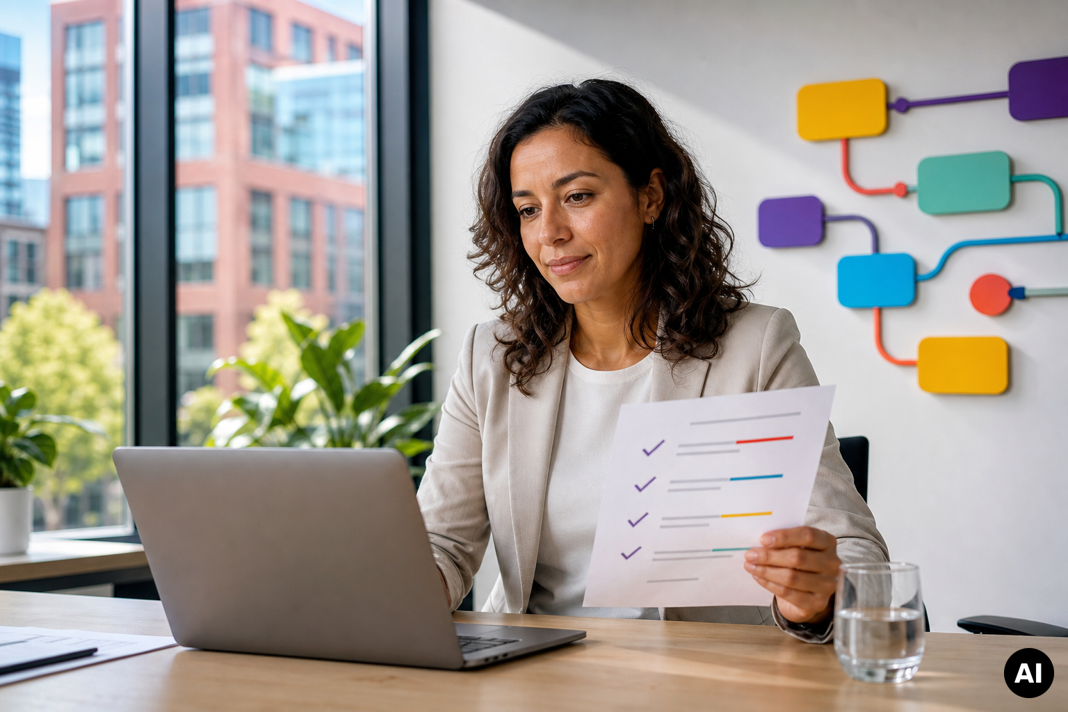 Professional bekijkt een checklist naast een laptop; op de achtergrond staat een kleurrijk processchema aan de muur.