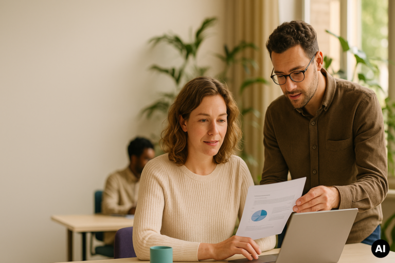 Twee collega's bekijken samen een rapport met grafiek naast een laptop op kantoor.