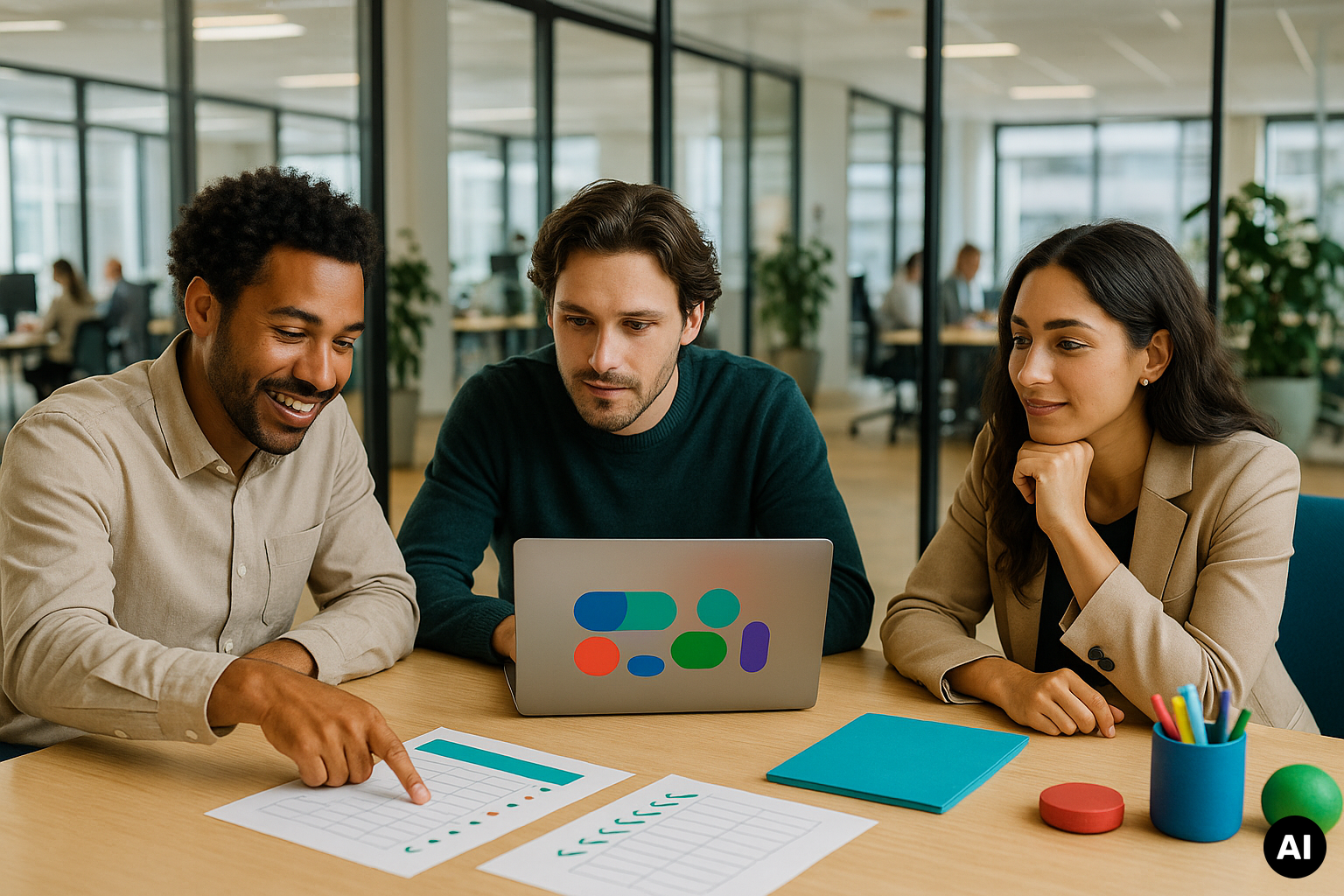 Drie collega's bekijken een laptop en papieren met tabellen tijdens een bespreking aan tafel op kantoor.